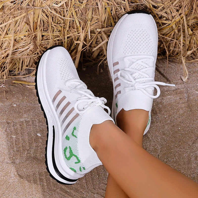2026 Hollow Out Breathable Sneakers Women Plus Size Printed Thick Sole Walking Shoes Woman Comfortable Knitted Flats Female