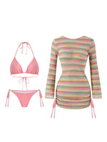 S - XL Striped Long Sleeve Cover Up Bikini Female Swimsuit Women Swimwear Bather Bathing Suit Swim Three-pieces Bikini set K8128