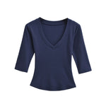 New Pure Desire Casual Style T-Shirt Hot Girl Sexy V-Neck Wool Lyocell Stretch Slim Fit Mid-Sleeve Solid Color Thin T-Shirt WLOC