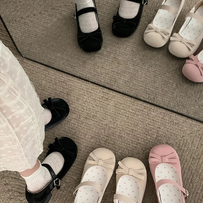 Preppy Butterfly-Knot Low Heel Mary Janes Women Vintage Solid Buckle Strap Pumps Woman Cute Sweet Lolita Single Shoes for Ladies