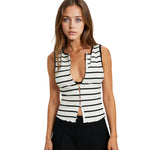 Women’s Summer Slim Fit Vest Striped Print Tank Tops Trendy Sleeveless Scoop Neck Button Down Tops