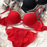 Sexy Women Underwear Set Cross Hollow Bra Fashion Rhinestones Cup Solid Color Push Up Brassiere Deep V Lingerie 2 Pieces Set