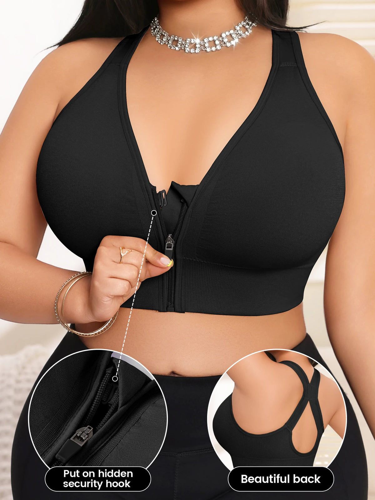 Women's Bra Plus Size Zip Front Yoga Sports Bra, X-Back Wirefree Removable Pads 1XL-4XL
