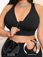 Women's Bra Plus Size Zip Front Yoga Sports Bra, X-Back Wirefree Removable Pads 1XL-4XL