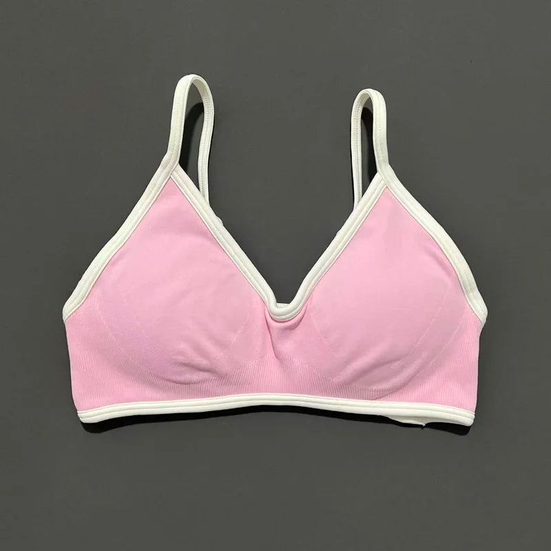 Contrastline Bra Women Backless Knitted Sports Bra Solid Color Gym Fitness Top With Chest Cushion Sexy Suspender Yoga Sports Bra