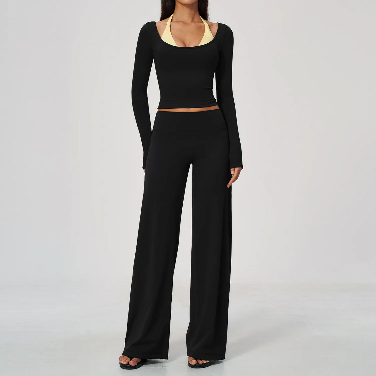 Women 2 Piece Yoga Set Gym Clothing Fitness Suit Workout Tracksuit Running Sportswear Outfits Layered Long Sleeve Wide Leg Pants
