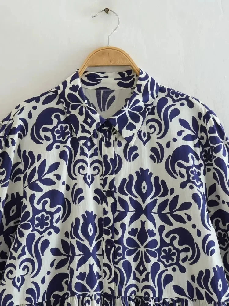 Foridol Blue Flower Print Vintage Casual Shirt Dress Women 2025 Single Breasted Loose Boho Maxi Long Vestidos Dresses Fashion