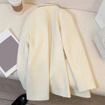 Women Suit Coat Lapel Long Sleeve Double Placket Suit Jacket with Pockets Solid Color Loose Fit Mid-length Business Outerwear