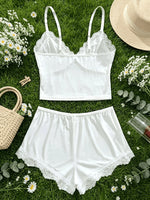 Women Sleepwear 2pcs Floral Contrast Lace Pajama Set V Neck Solid Color Bow Top & Shorts Suit Home Clothes Loungewear