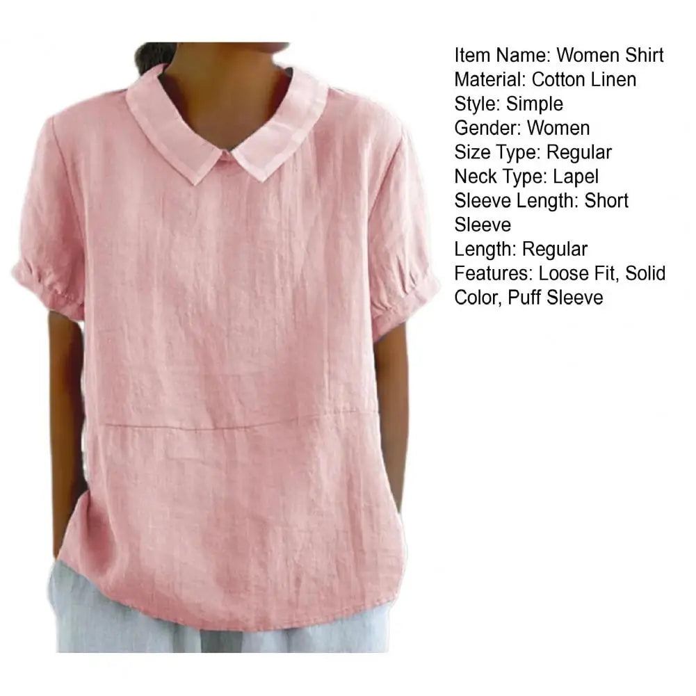 Summer Women Shirt Lapel Short Sleeve Solid Color Pullover Top Solid Color Loose Fit Shirt Tops Casual Streetwear