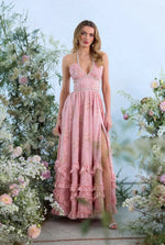 Women's Fashion Flower Print Bead Chain Halter Neck Long Dresses Sexy V-neck Backless Leace-up Slit Dress Lady Party Vestidos