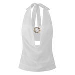 Summer Women Elegant 2 Piece Tops Mesh Sheer Halter Cowl Neck Sleeveless Vest with Buckle Tube Top Going Out Blouse Streetwear