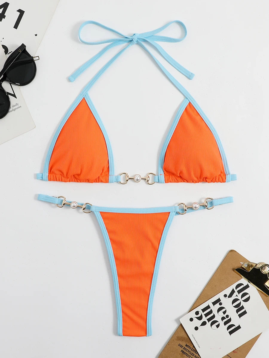 Pearl Thong Bikinis 2025 Women Sexy Triangle Swimsuit Solid Brazil Swimwear Female Padded Bathing Swimming Suit Beachwear Summer