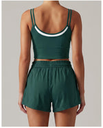 Women's New Summer Yoga Sets Color Blocked Double Strap Workout Tank Top Fitness Suit Drawstring High Waist Short Sport Set