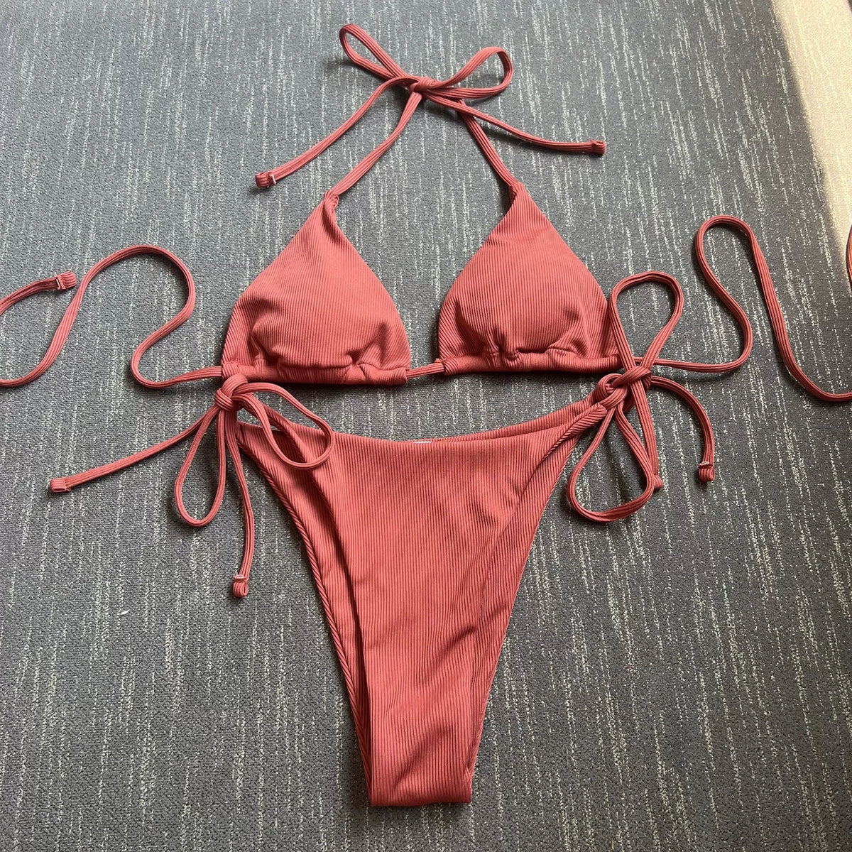 DEKA Women's Brazilian Solid Thong Bikini Set Side Halter Tie Swimsuit Ladies Split Strap Adjustable Bandage Lace-up Swimwear