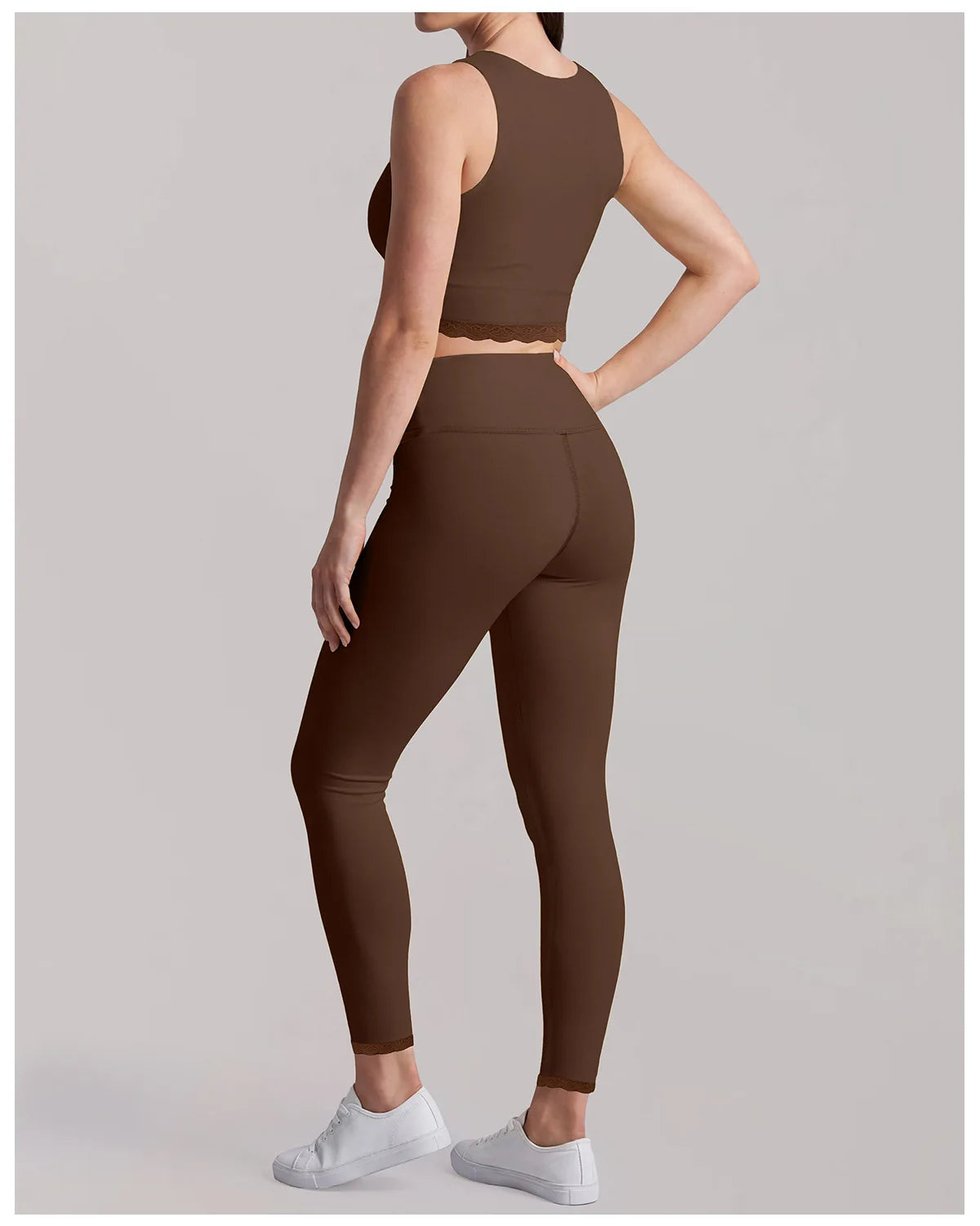 Fake Two Piece Tank Top Yoga Sets Women Lace V Neck Sports Vest Fitness Suit Hip Lifting High Waist Leggings Workout Clothes