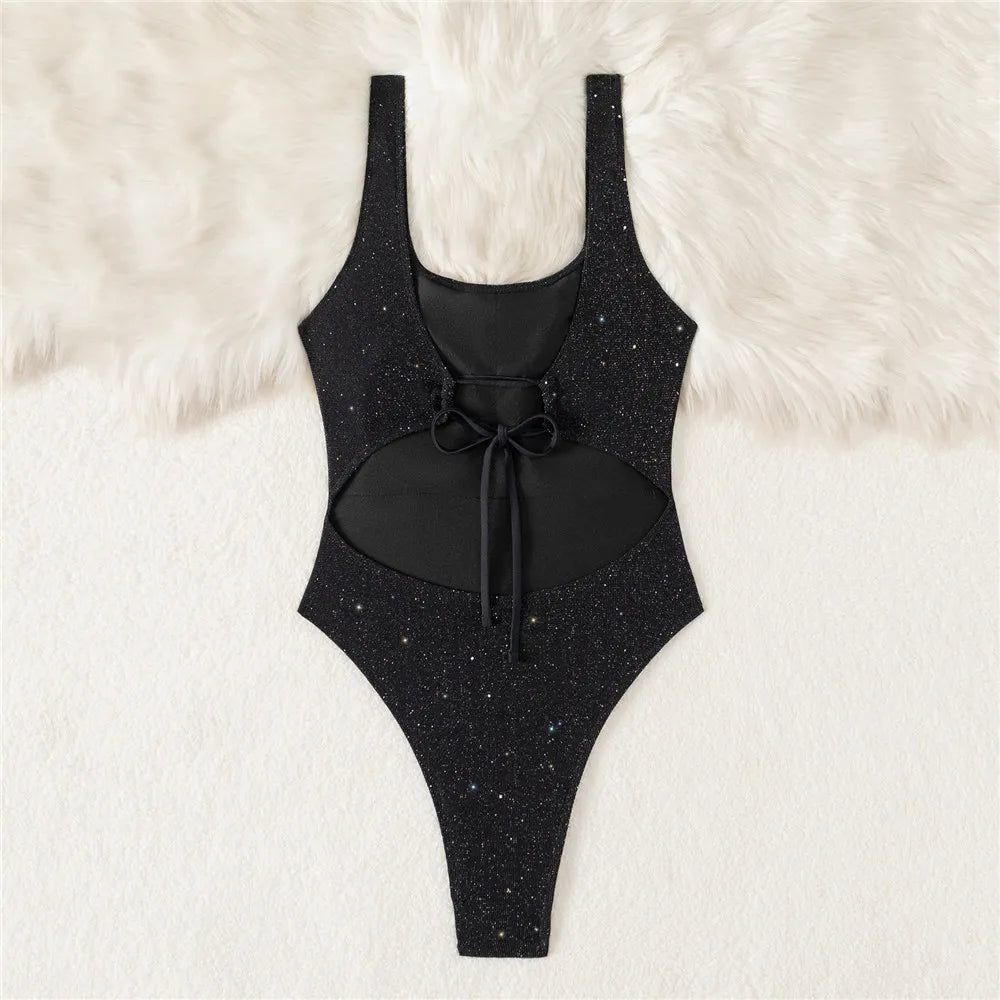 Shiny Black Backless Sexy Swimsuit Woman One Piece Solid Swimwears 2026 High Cut Monokini Lace-up Bathing Swimming Suit Bodysuit