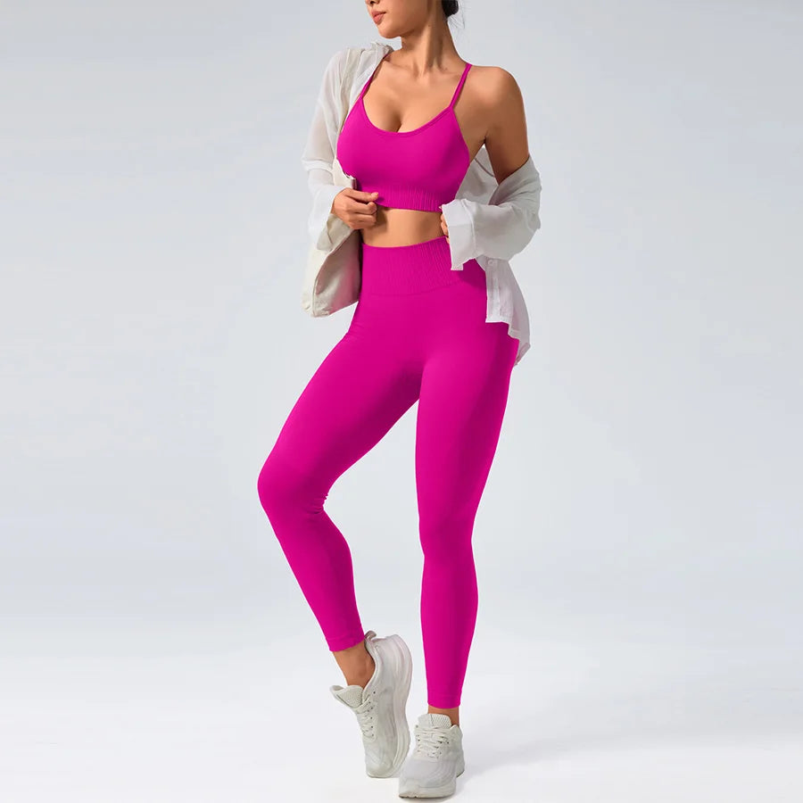 2 pcs/set Seamless Tight Pants Set Rose Red Tank Top Outfit Women's Clothing BreathableTrousersAthleisure Fitness Pants