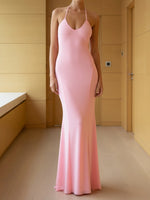 Women Halter Floor Length Vacation Dress Gown Party Slim Fit Fish Tail Maxi Dress Solid Sleeveless Bodycon Evening Dresses