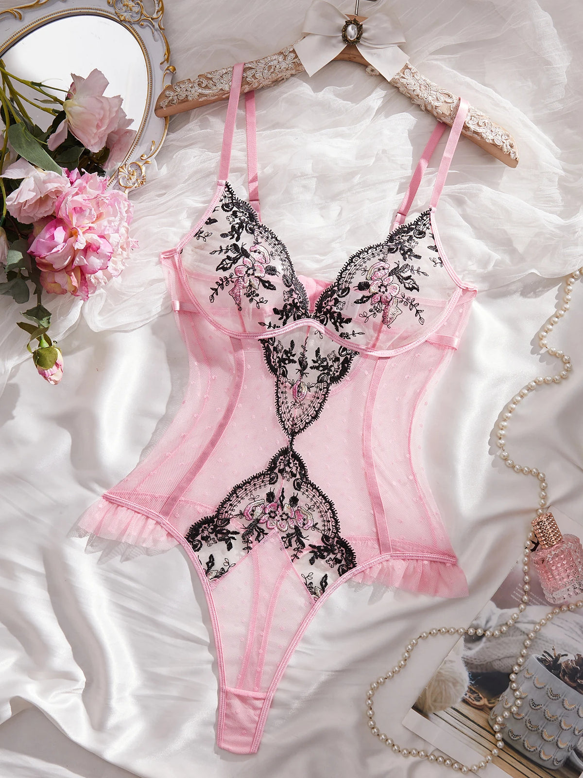 Pink Lace Embroidery Jumpsuit with Black Floral Lace Paneling High-Waist Triangle Pant Design Romantic French Sexy Underwear