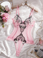 Pink Lace Embroidery Jumpsuit with Black Floral Lace Paneling High-Waist Triangle Pant Design Romantic French Sexy Underwear