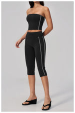 Color Blocked Strapless Yoga Suit 2 Pieces Women Sports Bra High Waist Leggings Fitness Suit Outwear Running Push Up Tracksuit