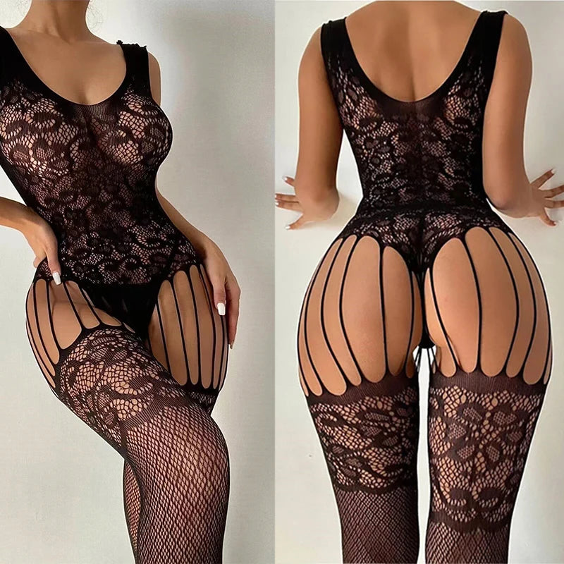Women's Sexy Lingerie Bra Set Erotic Crotchless Underwear Fishnet Bodysuit Transparent Mesh Hollow Bodystockings Adult Underwear