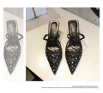 BIGTREE Crystal Mesh Fabric Pointed Toe Slippers Women Sexy Elegant Buckle Strap Party Prom Thin Low Heels Mule Shoes