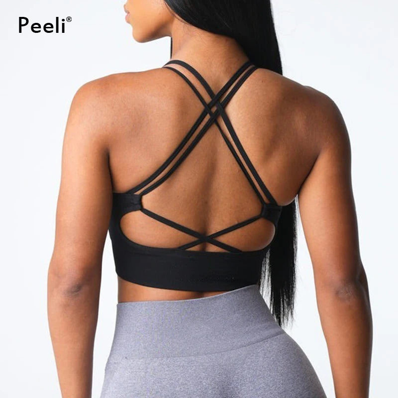 Virtue Seamless Sports Bra Women Backless Gym Crop Top Medium Impact Padded Yoga Bras Strappy Push Up Fitness Brassiere Woman