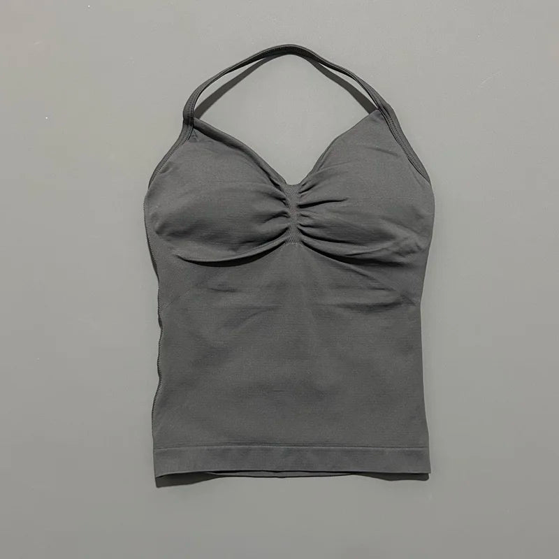 HISTELLO GYM Longline Strappy Top Women Seamless Yoga Clothing With Removable Pads V Neck Open Back Bra Workout Sports Halter