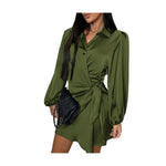 Party Club Short Dress Women's Satin Shirt Dress V Neck Long Sleeve Wrap Dresses Casual Tie Waist Mini Dress