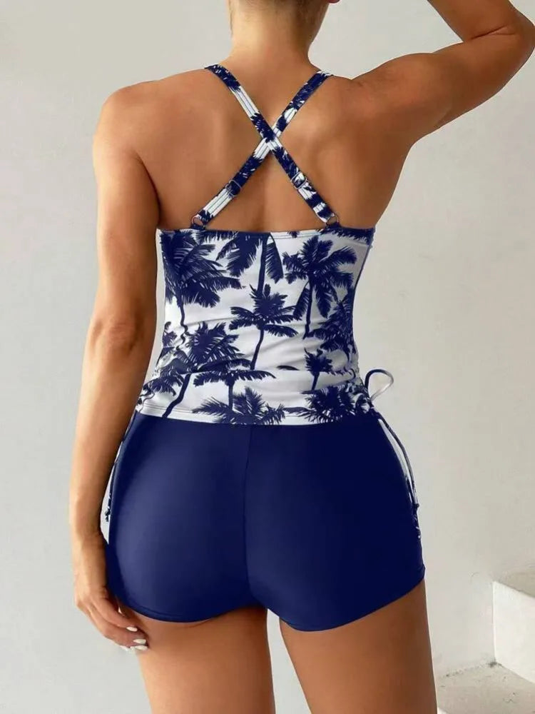 High Waist Swimwear Women 2025 New Two Pieces Swimsuit with Shorts Coconut Palm Print Tankini Set Summer Bathing Suit Trunks