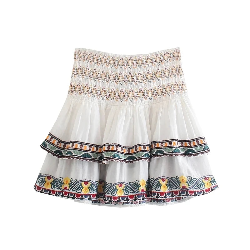 Batwing Sleeve Women Autumn Embriodery Paisley Print Skirt Set Outfits V Neck Button Tiered Mini Skirt Dress Suit Vintage Set