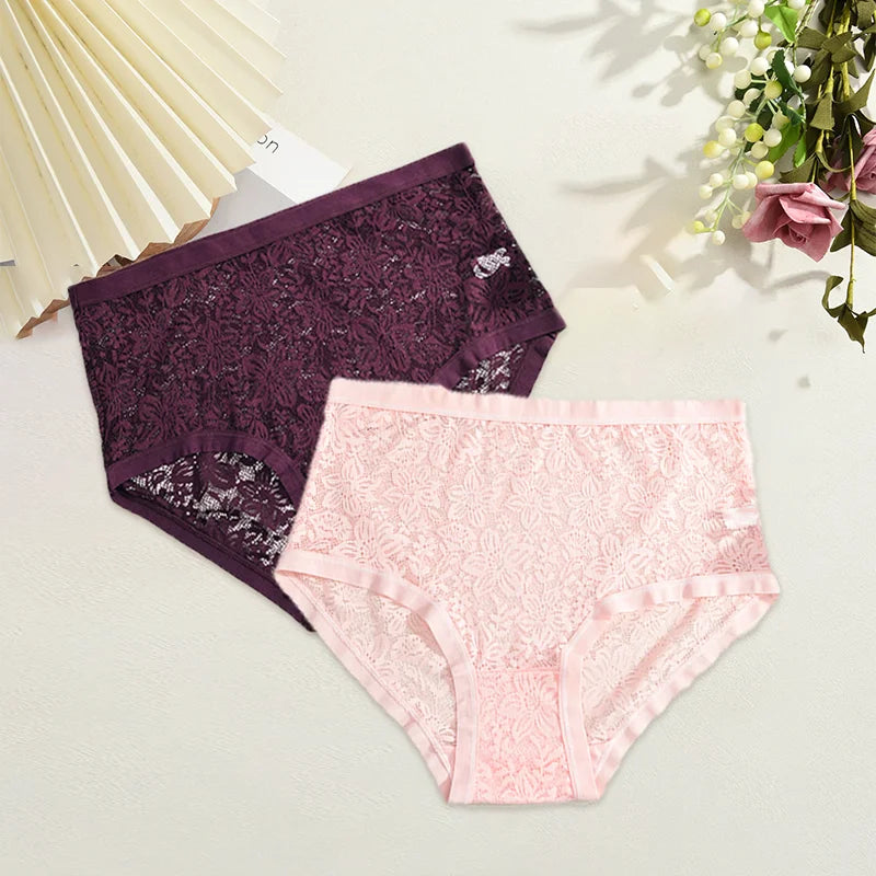 2Pcs/Set Women Sexy Panties Hollow Out Lace Floral Ladies Briefs Low Waist Solid Comfortable Hot Sale Female Underpants S-XXL