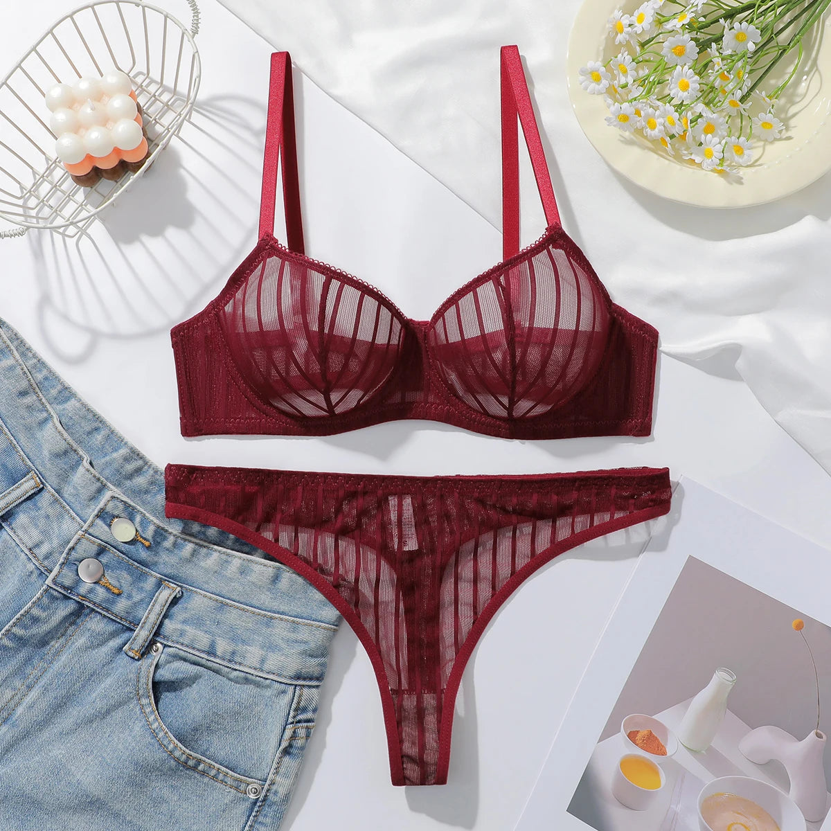 New Fashion Red lace set pretty Underwire setParty is eye-catching lingerie Set stripe solid color Women set MR2864