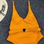 V Neck Ribbed High Leg Cut Women Swimwear One Piece Swimsuit Female Backless Monokini Bather Waist Belt Bathing Suit Swimwear