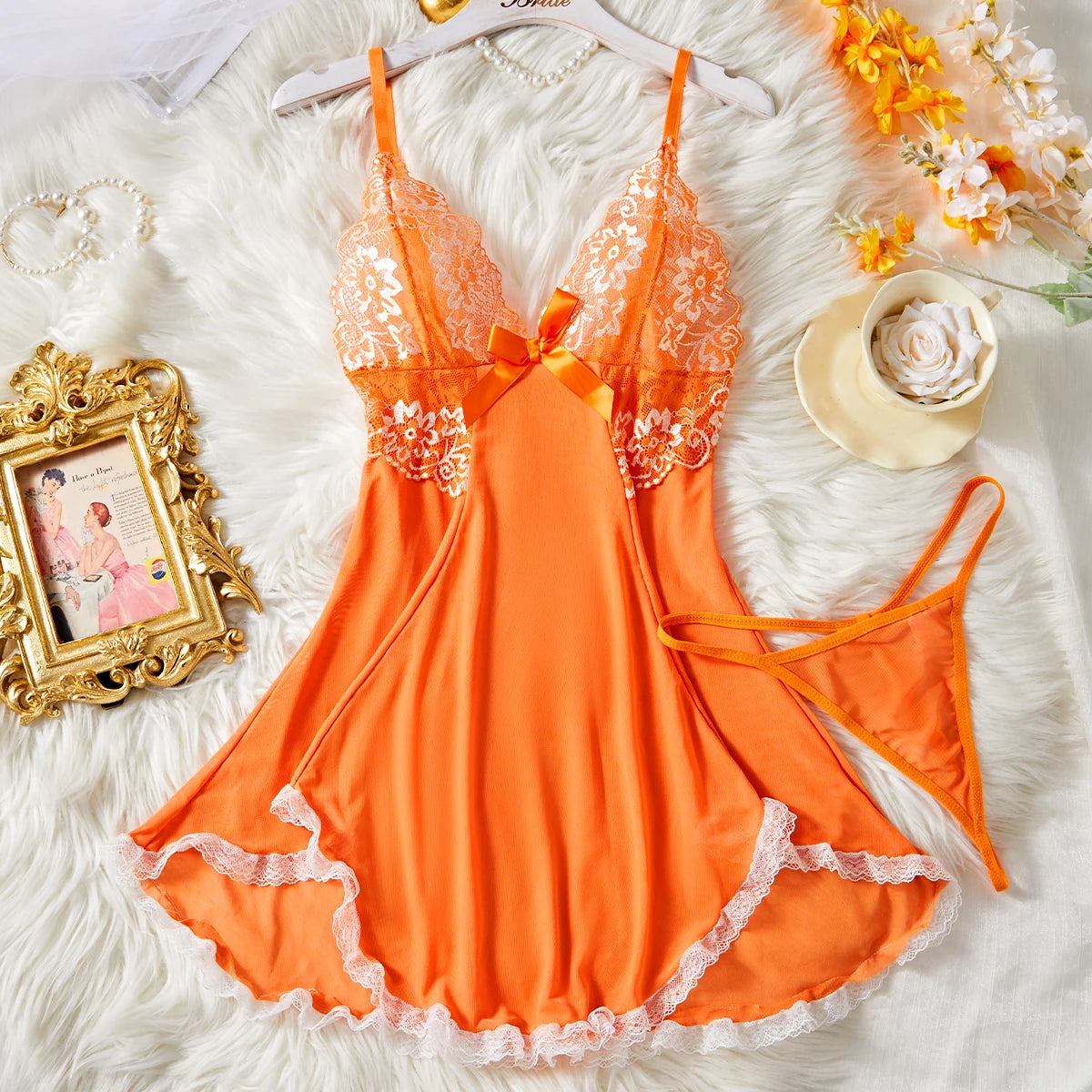 Pink Lips Sexy Lingerie Kawaii Babydoll Dress Women Lace See Through Nightdress Sleepwear Soft V Neck Erotic Pajamas With Thongs