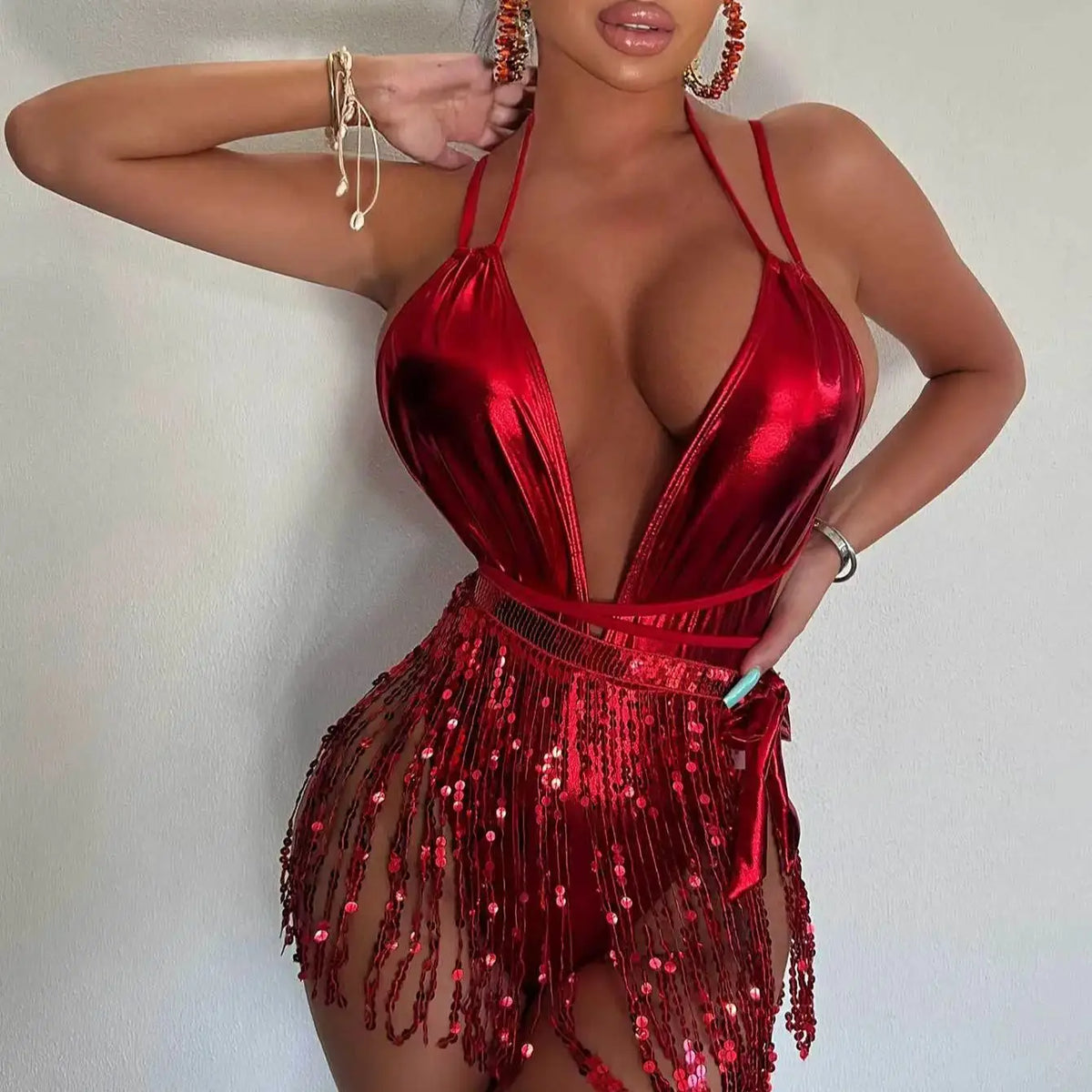 DEKA V Neck Tassel One Piece Swimsuit Women Sexy Backless Swimwear Sequins Fringe Shiny High Waist Bikini Beach Bathing Suit