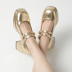 Big Size 32-46 Y2K Metallic Mary Jane High Heels Women Shoes Round Toe Double Straps Rhinestone Buckle Platform Block Heel Pumps