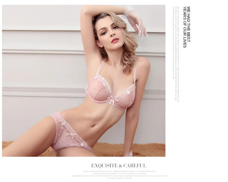 MOYISU Happy Sexy Big Breasts Show Small Underwear Women Small Breasts Summer Thin Bra French Pure Desire Lace Underwire Bra Set