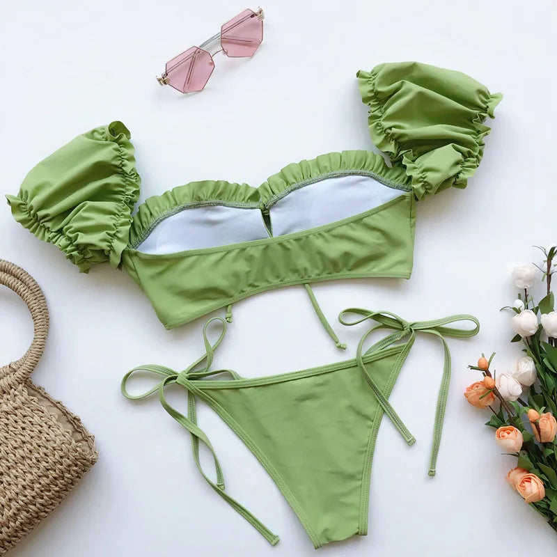 DEKA Brazilian Puff Sleeve Bikini Set Women Thong Swimsuit Printed High Waist Swimwear Bathing Suit Beachwear Push Up Bikini