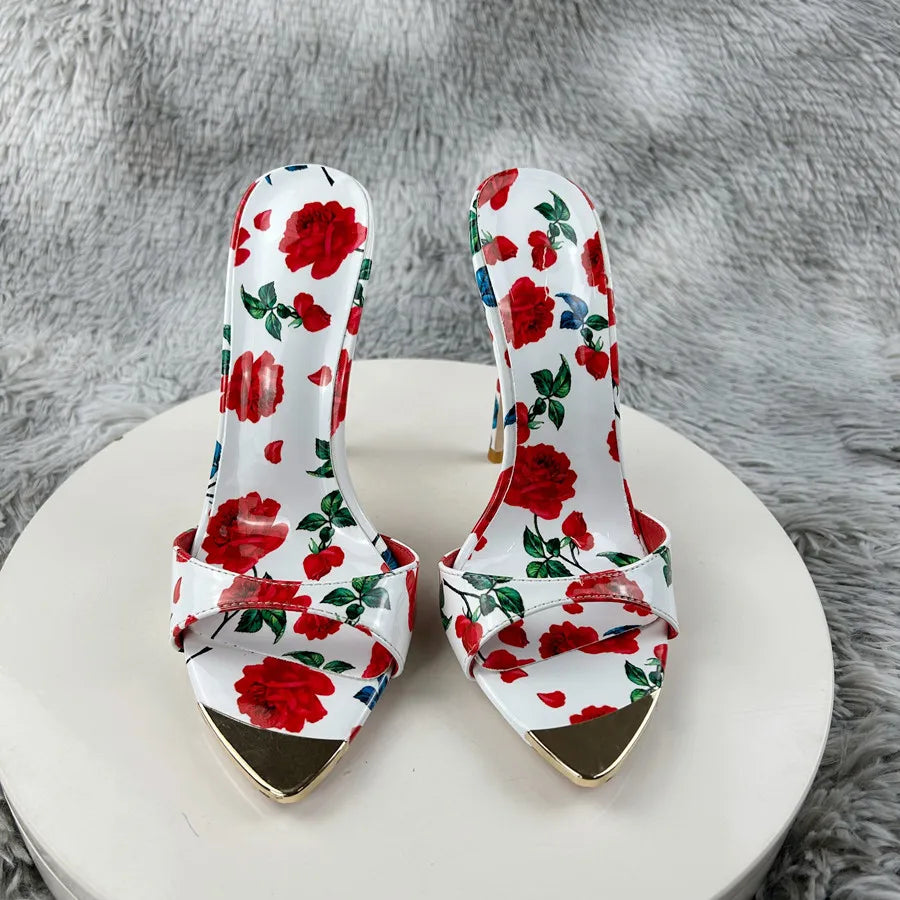 Sexy and fashionable printed slippers Shoes For Women's Sandals Summer Sexy Slippers Pointe Toe Thin Heels Stiletto Sandals12cm