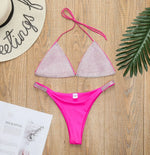 Bikini 2026 Sexy Diamond Rhinestones Solid Swimwear Swimsuit Women Triangle Halter Bikinis Set Bathing Suit Beach Bikini Female