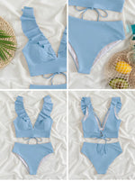 Solid Color Sexy V-neck Ruffle Bikini 2026 Women 2 Piece Swimwear Push Up Padded High Waist Swimsuit Summer Beach Bathing Suit