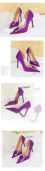 BIGTREE Pumps Elegant Pointed Crystal Buckle Slim High Heel Single Shoes Women Silk Spring/Summer High Heel Pumps Wedding Dress