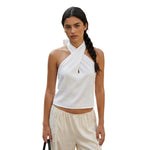 Women Fashion Sleeveless Halter Neck Tank Tops Summer Solid Color Backless Satin Casual Vests Streetwear