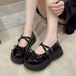 Women Bow Mary Jane Shoes Patent Leather Cross Strap Heart Buckle Chunky Platform Round Toe Sweet Lolita Casual Dress Shoes