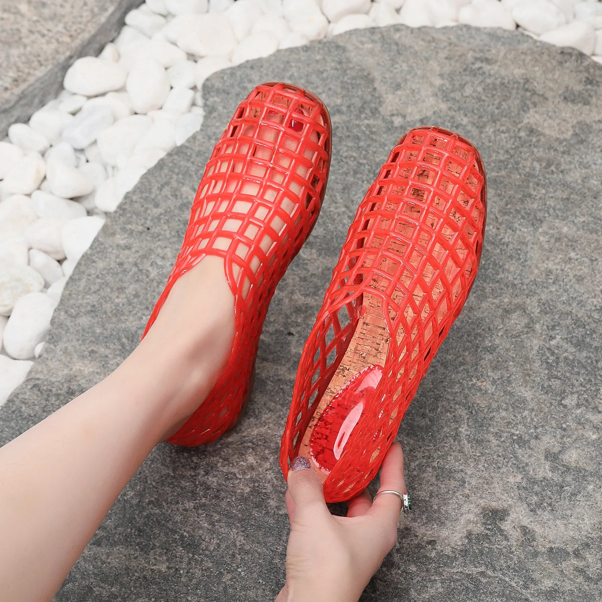 New 2026 Women Leisure Jelly Sandals Cut-out Soft PVC Breathable Summer Flat Shoes Close Toe Female Street Flats