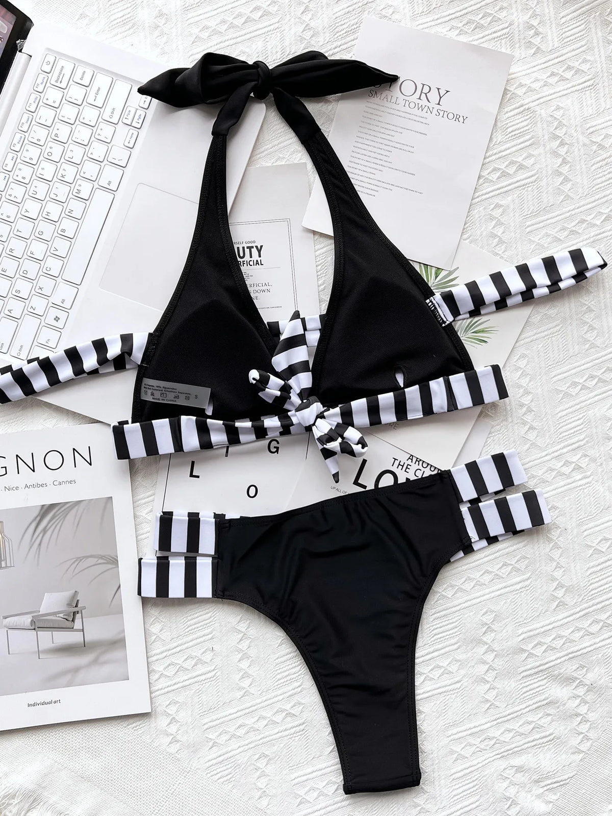 New Sexy Bikini Women Swimwear Swimsuit Striped Patchwork Hollow Halter Knotted High Waist Bikinis Set Bathing Suit Beach Bikini