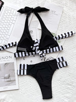 New Sexy Bikini Women Swimwear Swimsuit Striped Patchwork Hollow Halter Knotted High Waist Bikinis Set Bathing Suit Beach Bikini